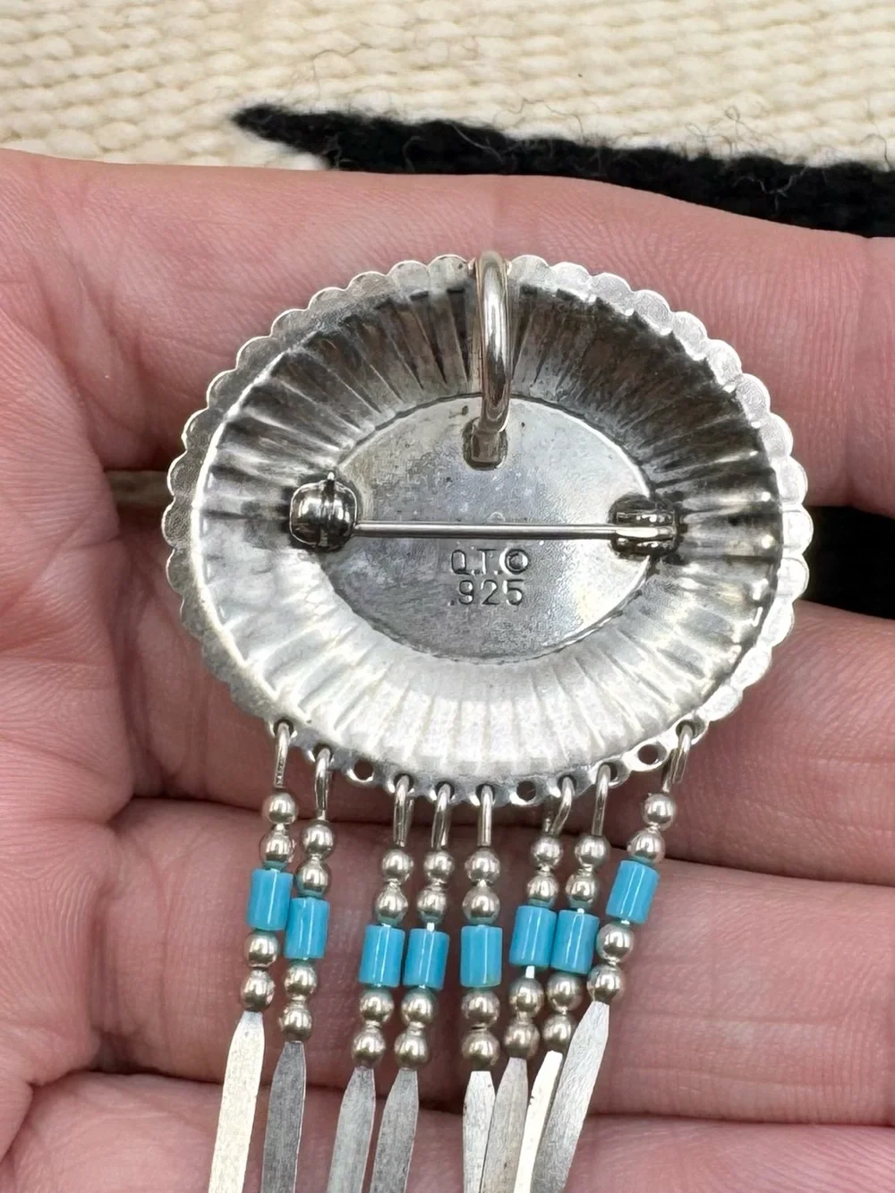 Quoc QT Southwestern Sterling Silver Faux Blue Turquoise Dangle Pendant Pin
